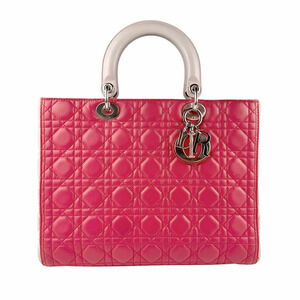 Christian Dior Lady 2way Shoulder Bag lambskin deep pink silver